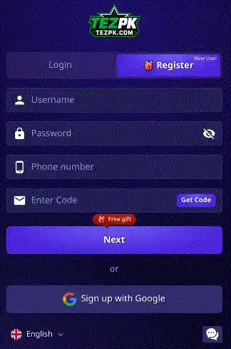 TezPK Game registration and login screen